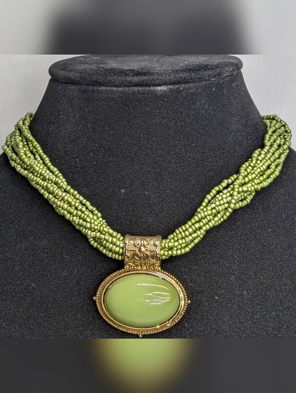 Seed Bead Necklace W/ Cabochon Pendant, Sage Green W/ Gold-tone Findings,Adjust.